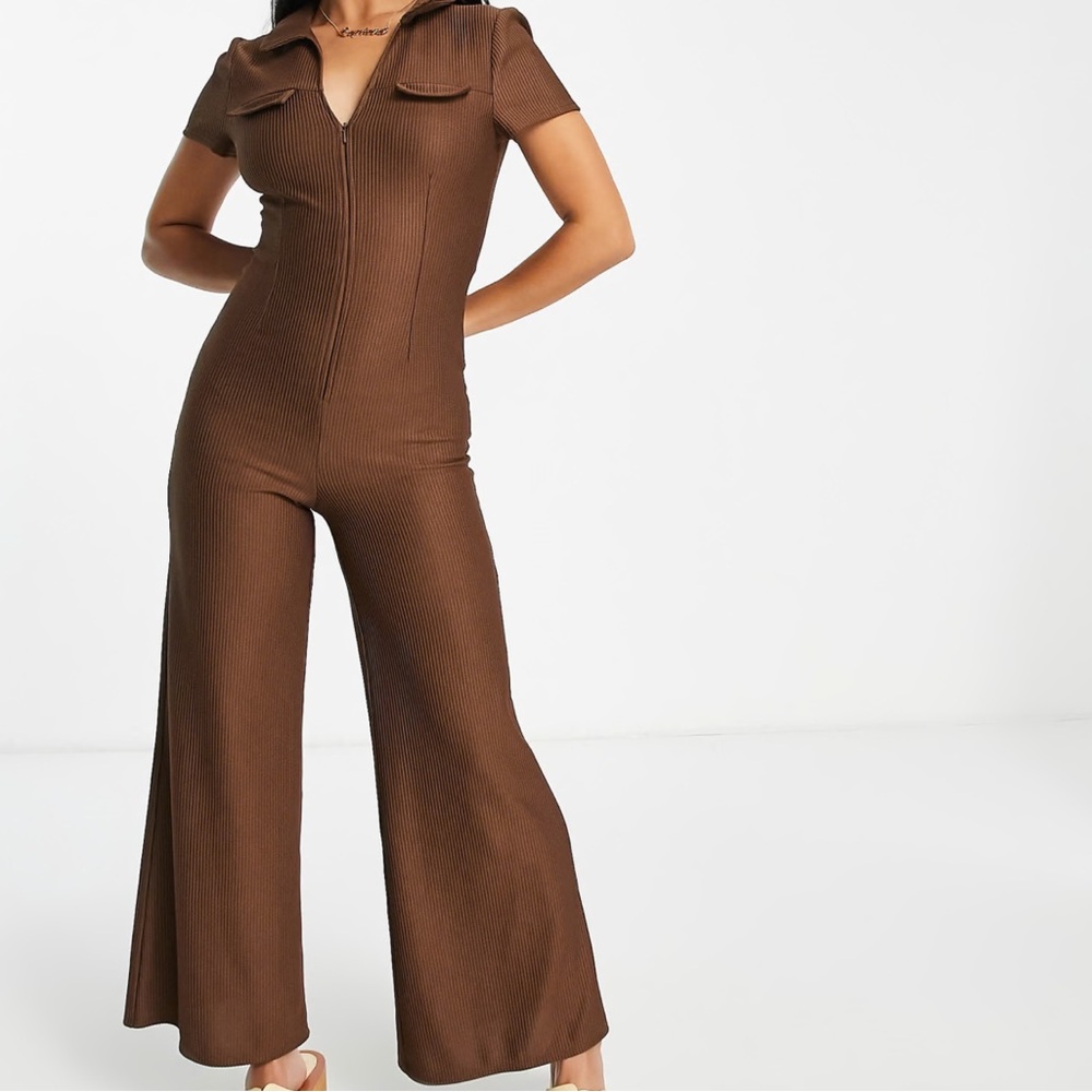 ASOS DESIGN Petite collar zip front 70s ribbed jumpsuit in brown
